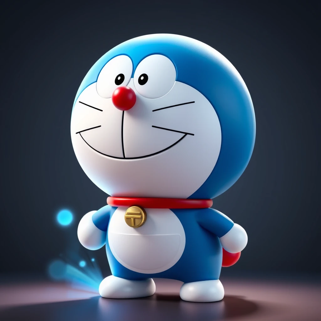 Pixar style, 8K, this is an avatar, 3D, Doraemon, with full body and a cute smile, the body color is blue, shows growing blue light. - Image