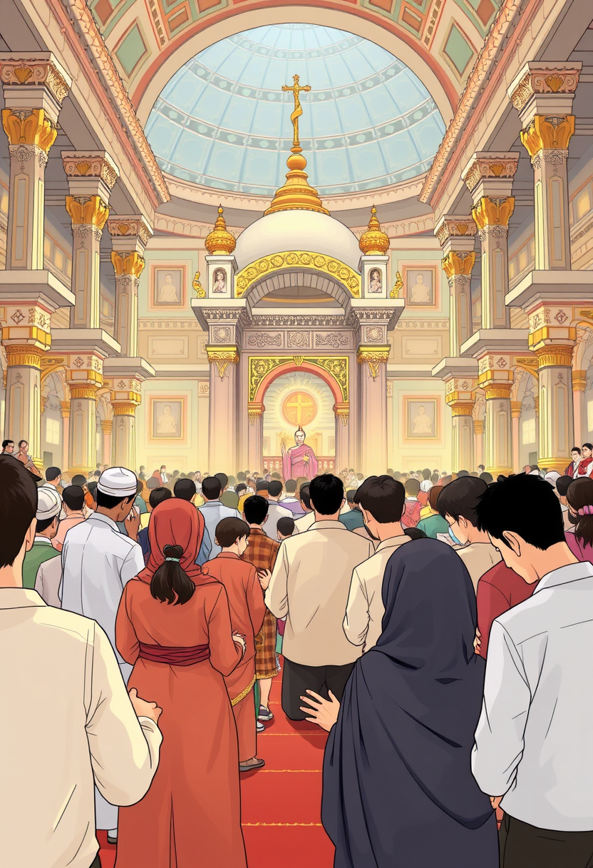 Illustrate people of different ages and backgrounds praying in a grand temple, with a sense of reverence and peace. - Image