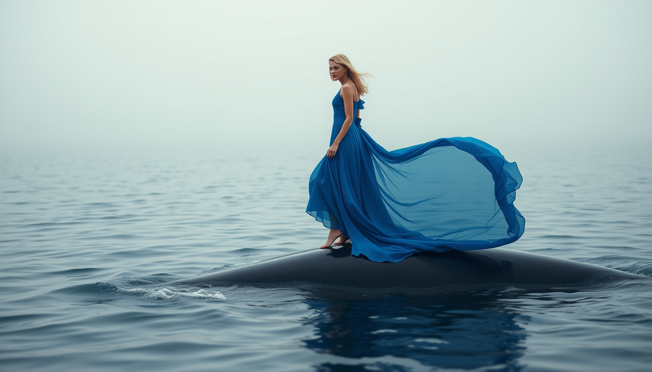 Fashion photography, a young blonde woman in a blue, long dress floating on the sea, standing on the back of a whale, early morning, fog.