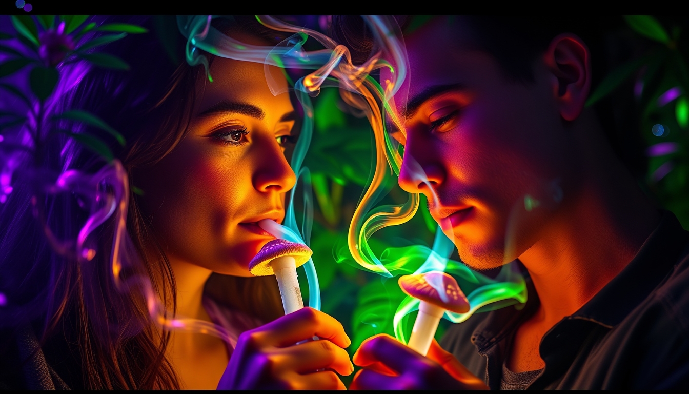 Close-up of the couple lighting up mushroom pipes; the smoke curling intricately in the air surrounding them with vibrant, swirling colors. The scene is focused on their entranced faces, eyes reflecting the kaleidoscopic colors of the smoke. Background foliage is slightly blurred, enhancing the hallucinogenic effect. A surreal and vibrant portrayal with rich greens, mystical purples, and neon shades accenting the setting. Incorporate elements of nature, futuristic technology, and psychedelic visuals with iridescent light trails and hazy glow, creating an otherworldly, dream-like atmosphere.