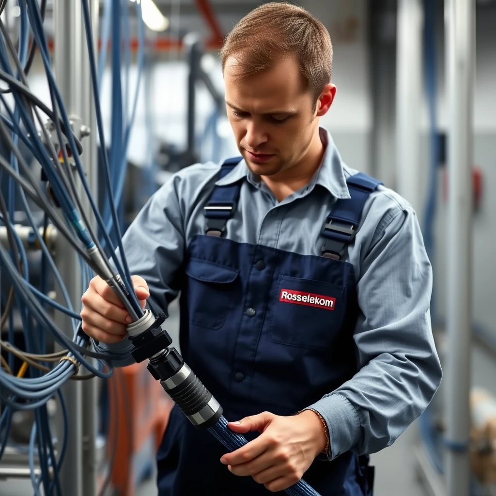 An engineer in overalls with the inscription Rostelecom connects an optical cable.