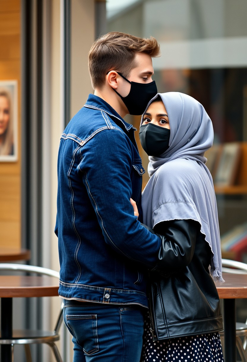 Jamie Dornan's head and body shot, handsome, face mask black, blue jeans jacket, jeans, dating, loving couple with a grey hijab Muslim girl, beautiful eyes, face mask black, black leather jacket, biggest patterned skirt, talking at a cafe, photorealistic. - Image