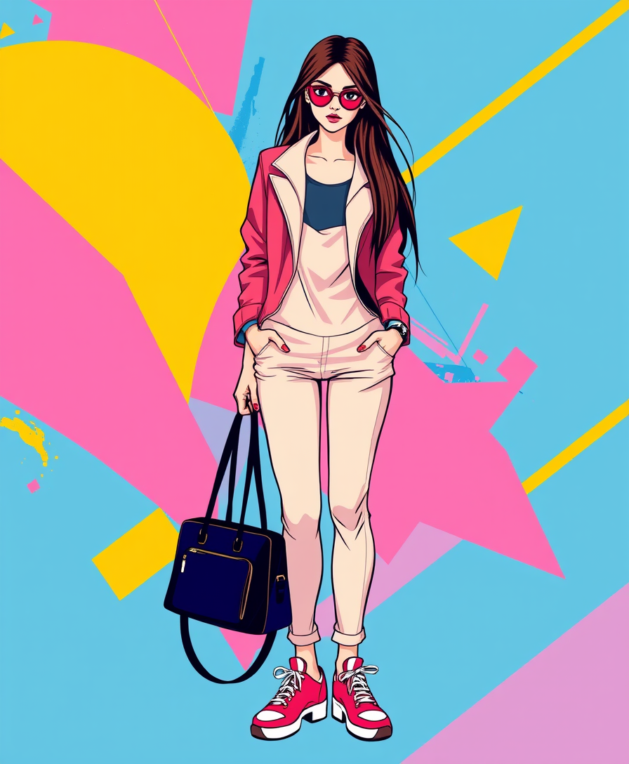 A stunning vector-style wallpaper featuring a fashionable young woman, dressed in a stylish outfit with a modern edge. She has long, straight hair and is standing confidently, holding a trendy bag. The background is a vibrant blend of colors, including blue, pink, and yellow, with geometric shapes that add depth and dimension. The overall design is clean and bold, perfect for a tech-savvy audience.