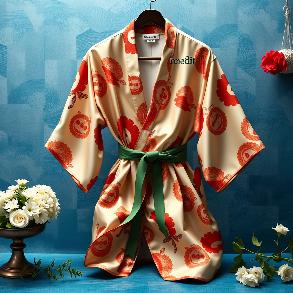 A vibrant and appealing still life image for online retail showcasing a Silk Kimono with a reddit logo-printed decor in Sicilian heritage. The image should capture the essence of Italian Style and highlight the product's elegance. Ensure that the composition is well-balanced, the colors are rich and inviting, and the Kimono is displayed prominently to attract potential customers to the product.