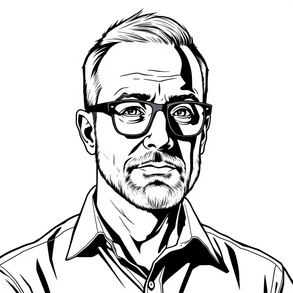 "Create a cool line drawing of a middle-aged person with short crew cut hair, wearing framed glasses, a slight beard, and a shirt."