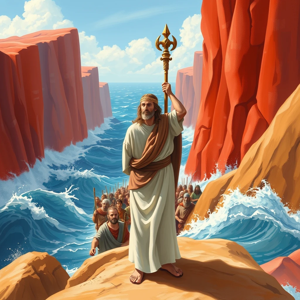 Depict Moses standing with his staff raised, as the Red Sea parts, with walls of water on either side and the Israelites crossing.