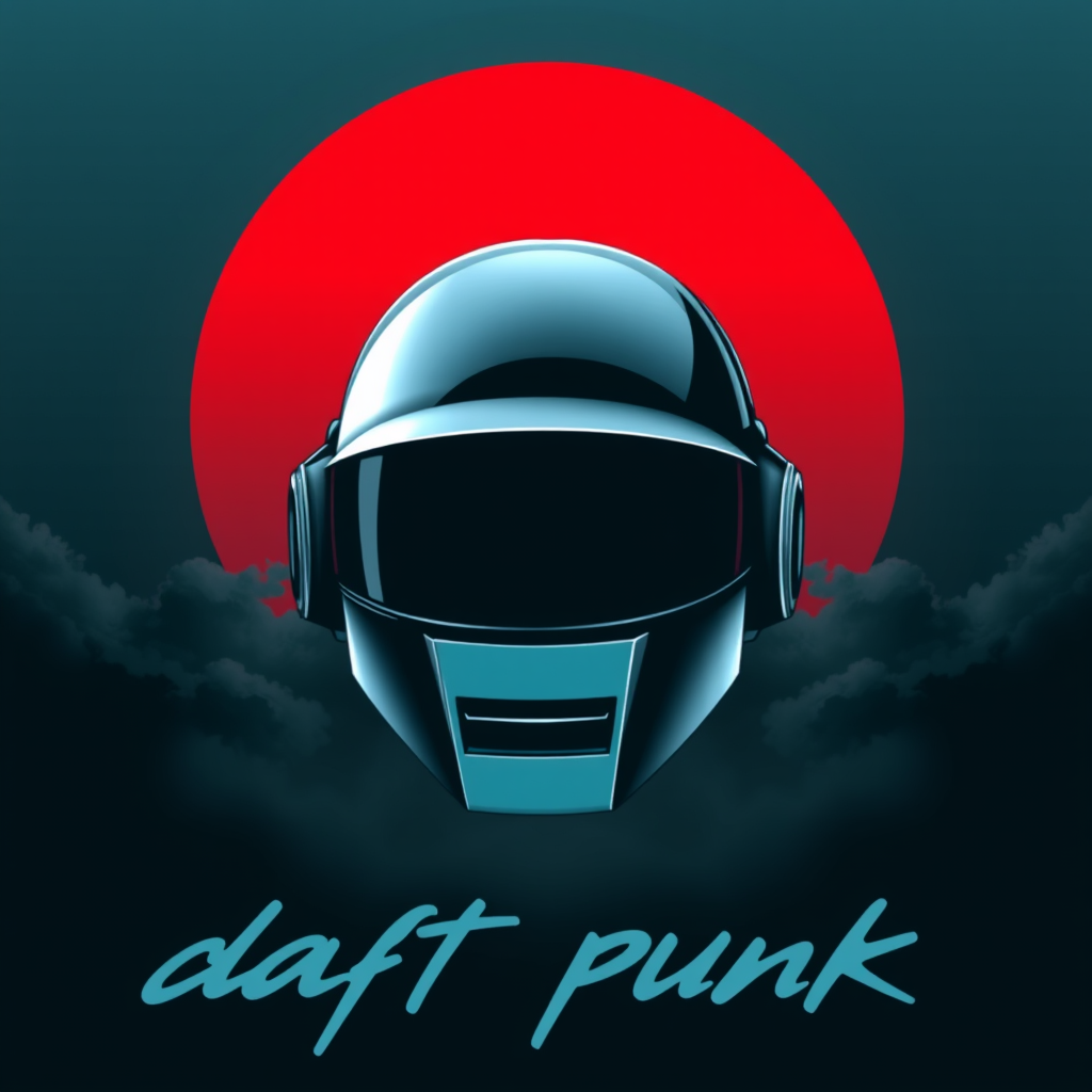 T-shirt vector of a Daft Punk helmet with a large red sun circle first in the background, then dark grey cloud layers after, followed by the helmet, using an outrun color palette, colored album art, black canvas, dark teal, Daft Punk, sinister background, CD cover artwork, helmet.