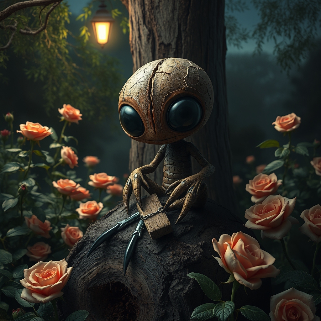 Little cute cracked wood alien void creature, charred, long wooden petals and mud, sitting on top of a log, lush garden, roses, lurking behind tree, ultra large black dot eyes, night scene, backlit, by [Alexander Archipienko, Wendell Castle, Picasso], fantasy art, abstract, surreal. - Image