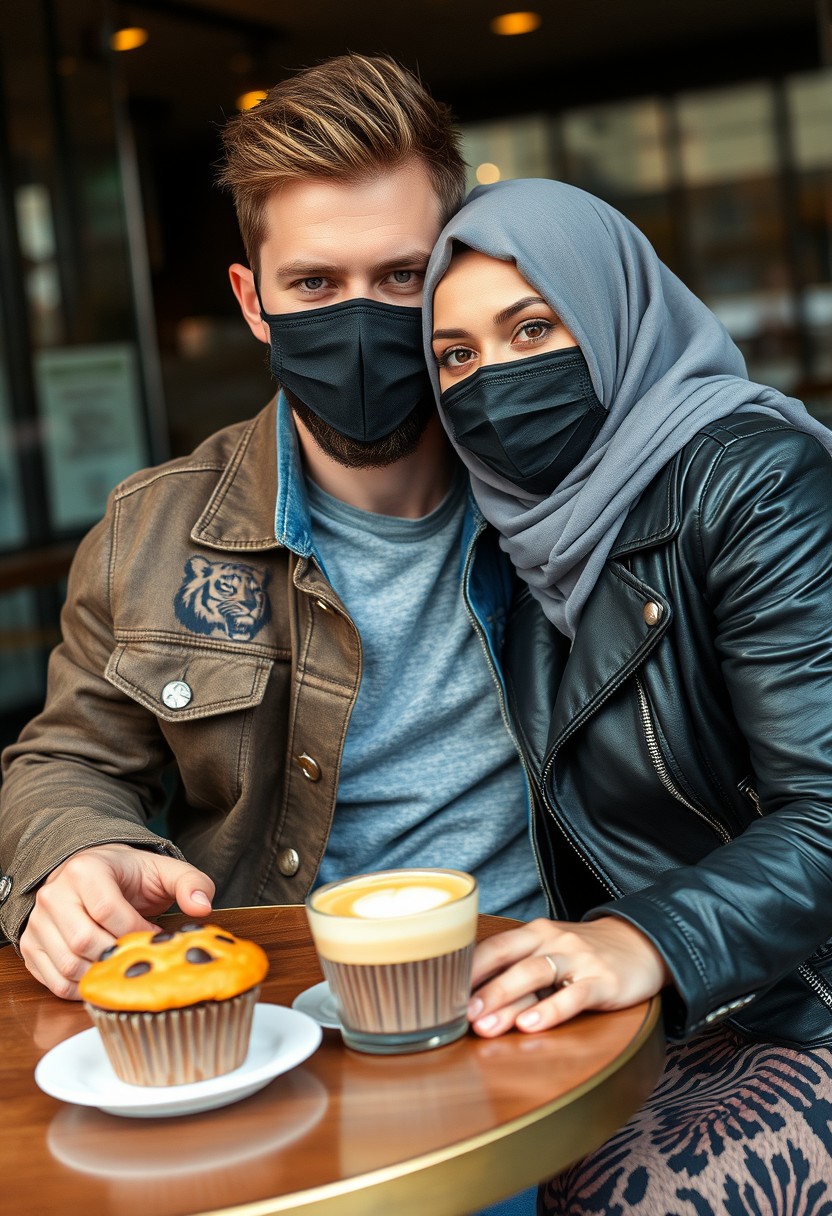 Jamie Dornan's head and body shot, handsome, black face mask, blue jeans jacket, jeans, dating love with a grey hijab Muslim girl, beautiful eyes, black face mask, black leather jacket, biggest tiger pattern skirt, at a cafe, 2 cups of latte, muffin cake on a table, photorealistic, hyper realistic, street photography, selfie.