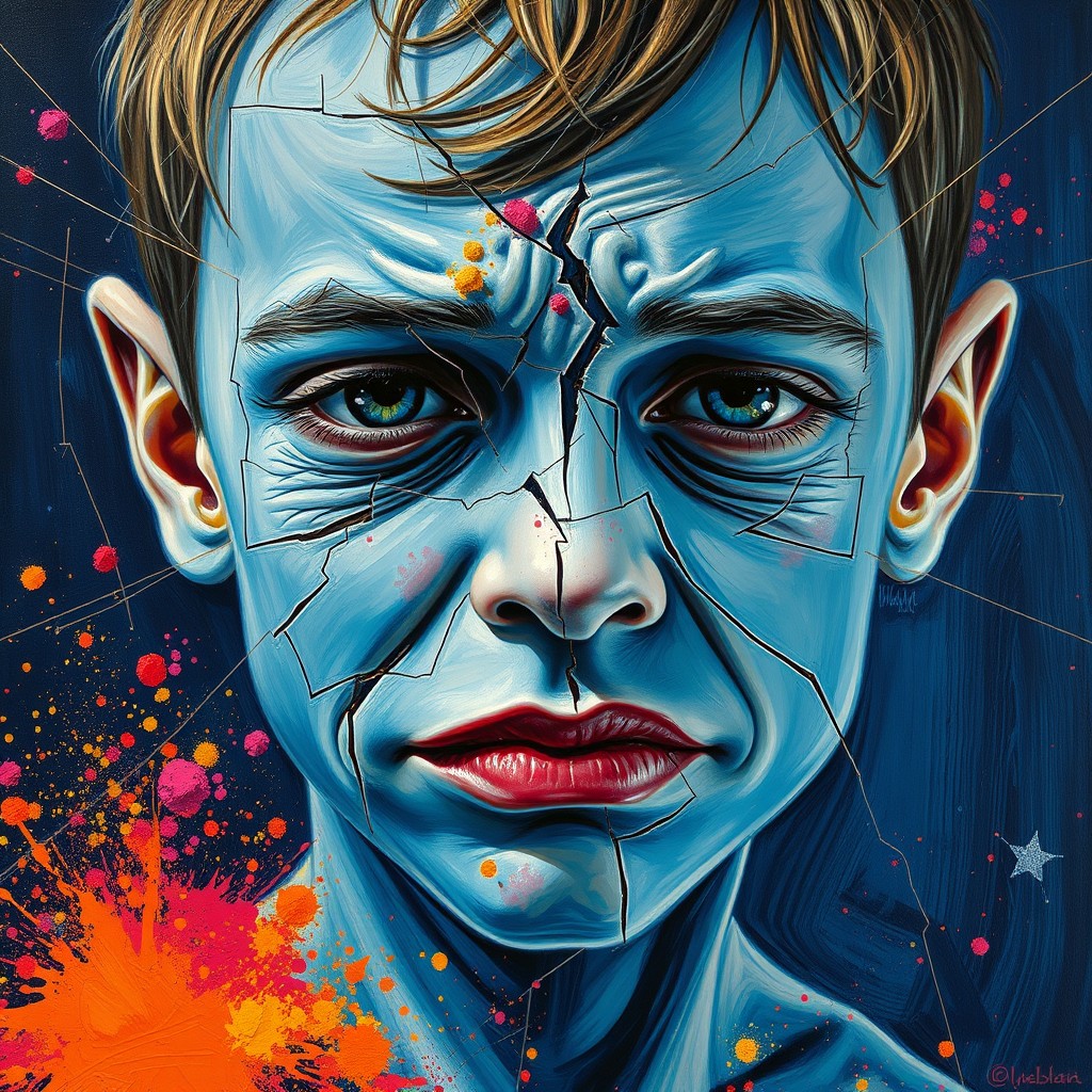 It's an oil painting in the style of Picasso, close up, a boy with blue skin and a broken, twisted face, surrounded by glass breakage and gold lines on a dark blue background, a colorful explosion of the spillage of powder.