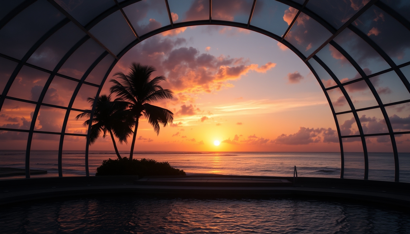 A breathtaking sunset viewed through a giant glass dome on a tropical island. - Image