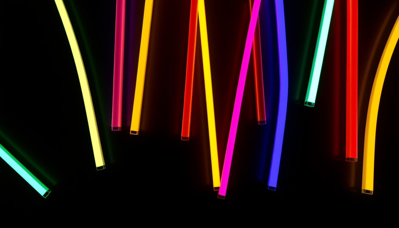 A group of colorful neon sticks on a black background. - Image