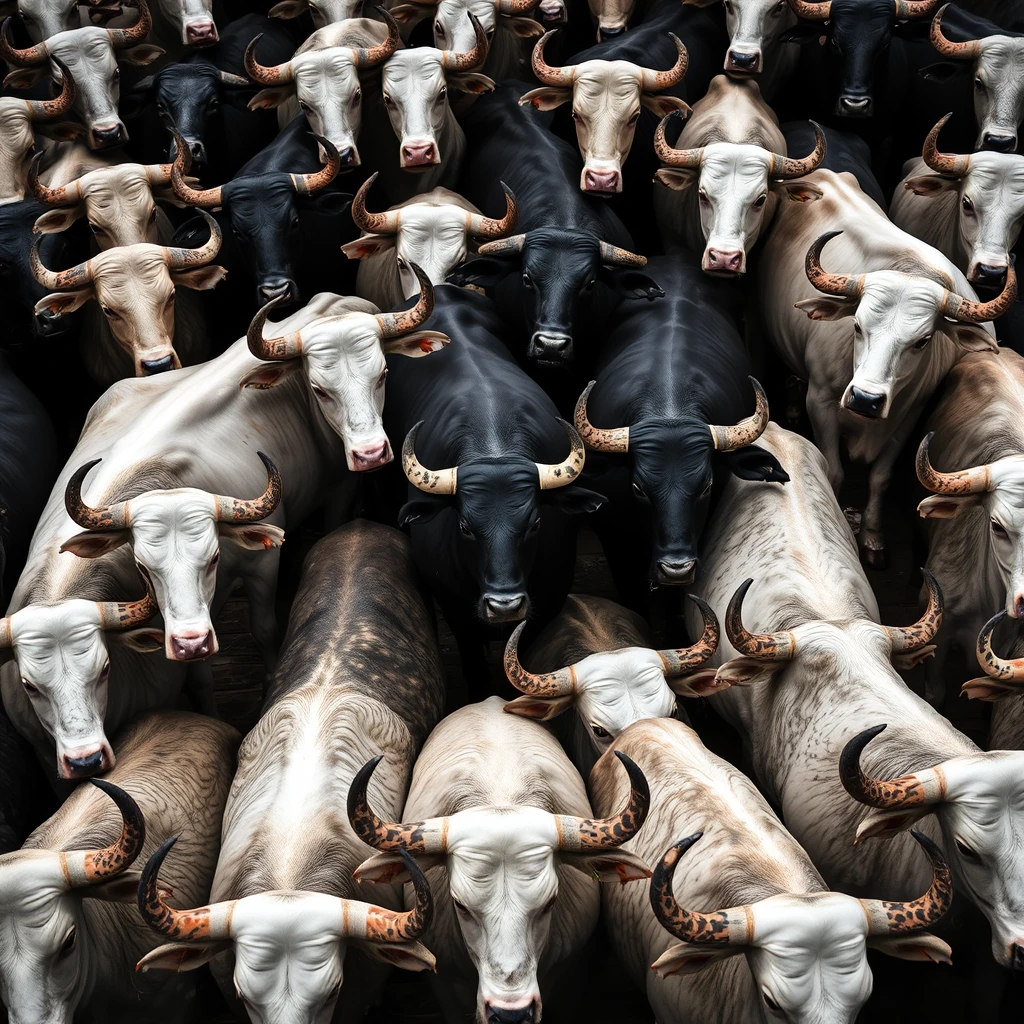 a frame full of white and black bulls in it.