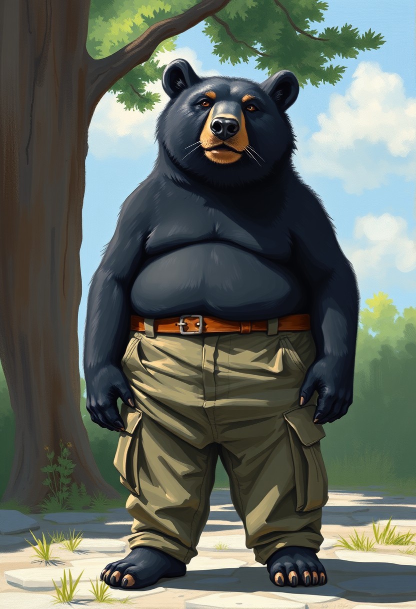 Painting of an anthropomorphic black bear-cougar hybrid wearing cargo pants in the summer. Extremely overweight, semi-cartoon.