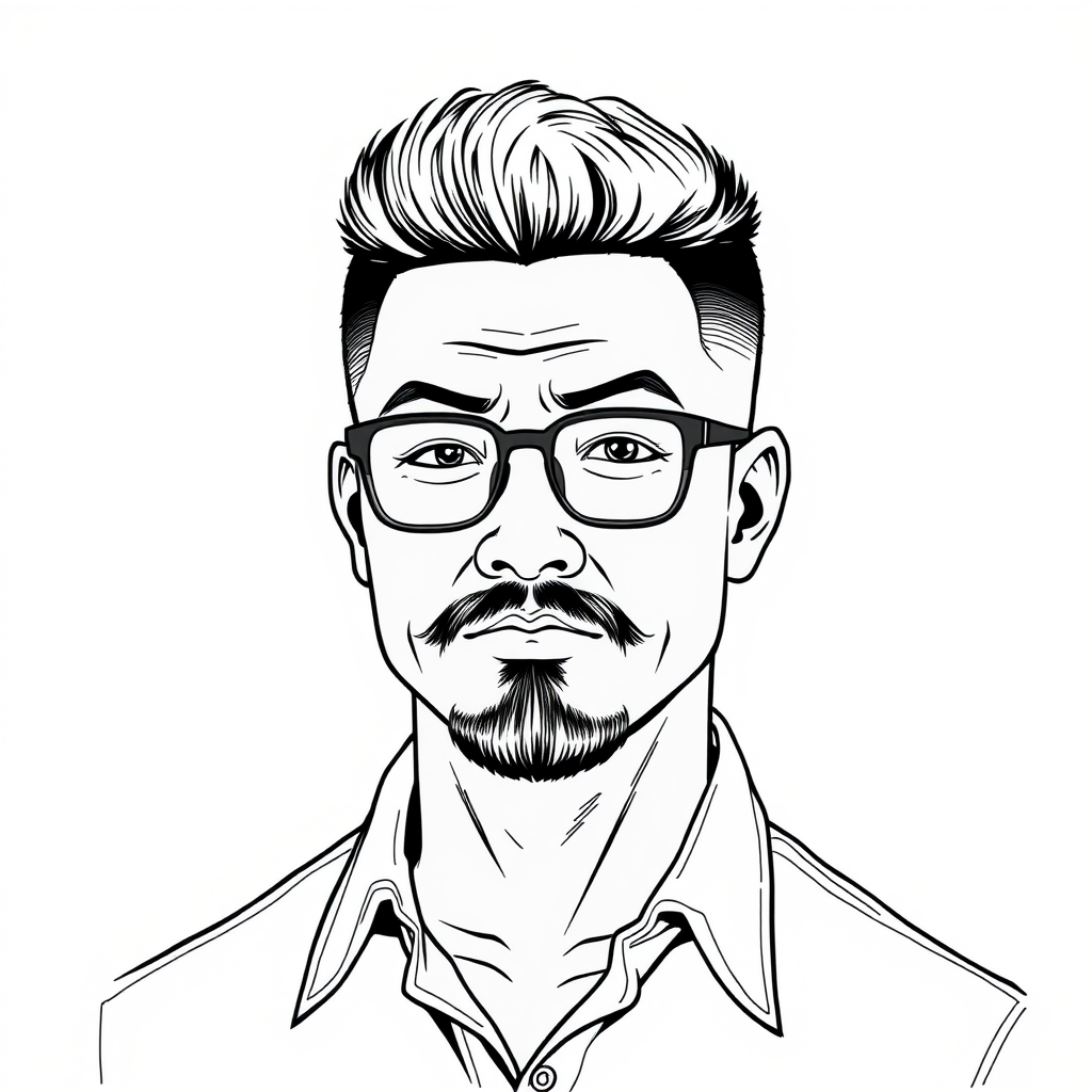 A charming portrait of a Chinese male around 35 years old, depicted in line art. He has a neat crew cut hairstyle that exudes a rugged masculinity. His strong and burly physique radiates an undeniable masculine hormone presence. He wears a pair of frame glasses that make him appear refined, yet it is difficult to hide his rebellious nature. The short beard on his chin gives off a somewhat jaded vibe, adding a touch of swagger. He is dressed in a shirt with a slightly open collar, conveying a casual and carefree attitude. His face is full and features strong lines, not the frail look of a delicate scholar, but instead, it carries a rugged life aura and an irresistible touch of rogue charm.