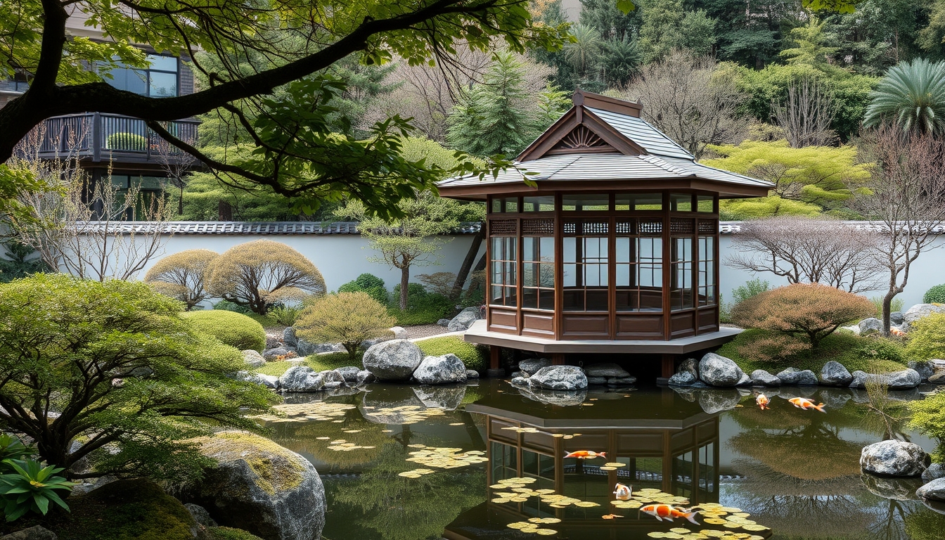 A serene Japanese garden with a glass teahouse overlooking a koi pond.