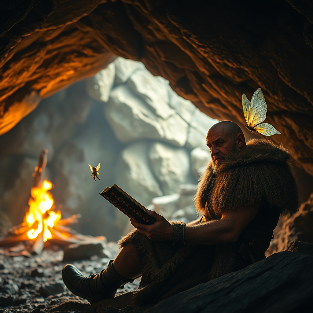 Real-life photography: In the cave, there is a barbarian reading a book. The cave is very large, and there is a bonfire. A little fairy is flying beside him.