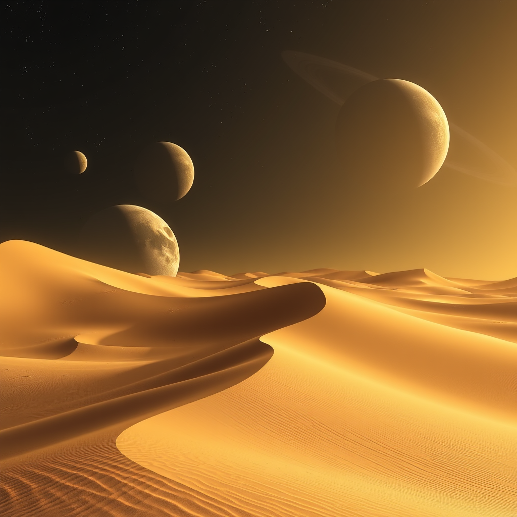 a desert sand dunes with planets and dark skies - Image