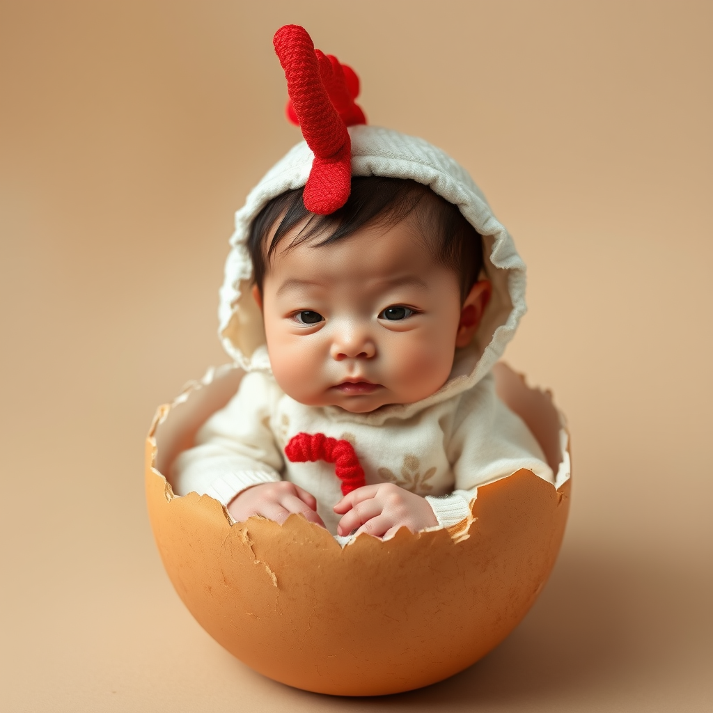 A one-month-old Chinese boy, dressed as a chicken, sits inside a cracked eggshell.