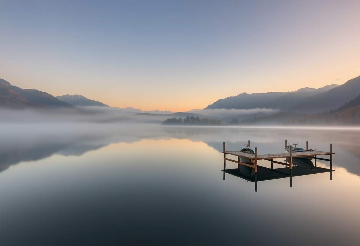 Tranquil, misty lake, surrounded by mountains, serene, high quality, photorealistic, reflection, peaceful, morning fog, autumn colors, wooden pier, fishing boats, sunrise, sunset, misty mountains. - Image