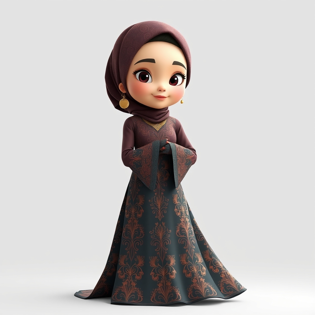 Create a 3D, 8K animated cartoon of a Muslim woman from Palembang wearing a long traditional songket dress. She should have her hands covered with batik gloves. The image should capture the elegance and cultural richness of the attire. - Image