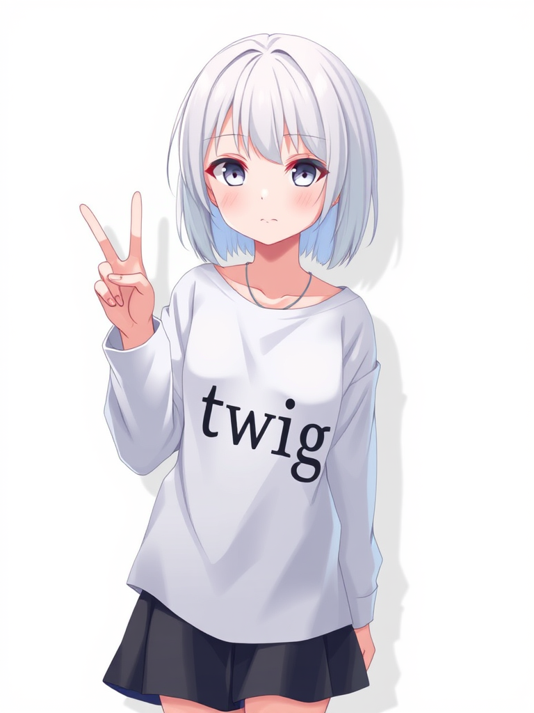 Anime girl wearing a loose white shirt, with black text on it saying "twig," making a peace hand sign. She has white hair, gray eyes, and is wearing a skirt. The background is white with nothing else in it. Realistic style with shadows.