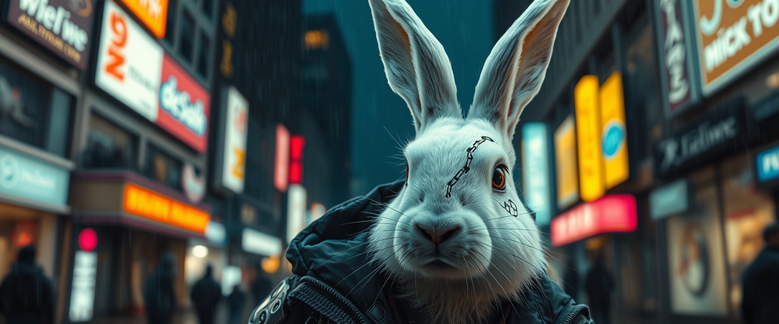 An adult white rabbit stands in a cyberpunk city, in the rain. He's wearing a cyberpunk style jacket. The rabbit has an augmentation on his right eye and a lot of scars. Cyberpunk implants are visible on the rabbit. A masterpiece, maximum detail, cinematography. - Image