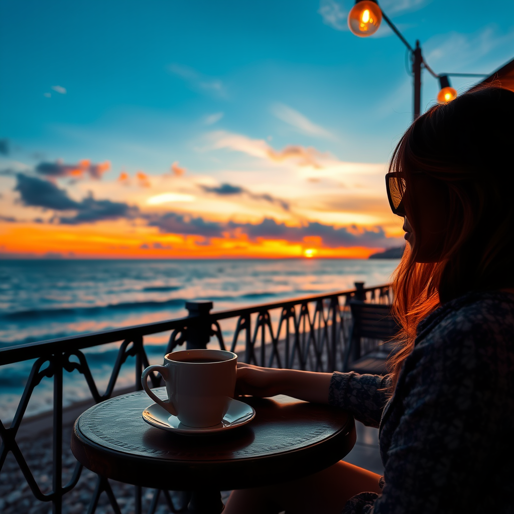 ☕ **Sunset Coffee**: "Woman at seaside café, aromatic coffee, watching sunset, sea and sky merging, tranquility, photorealistic style"