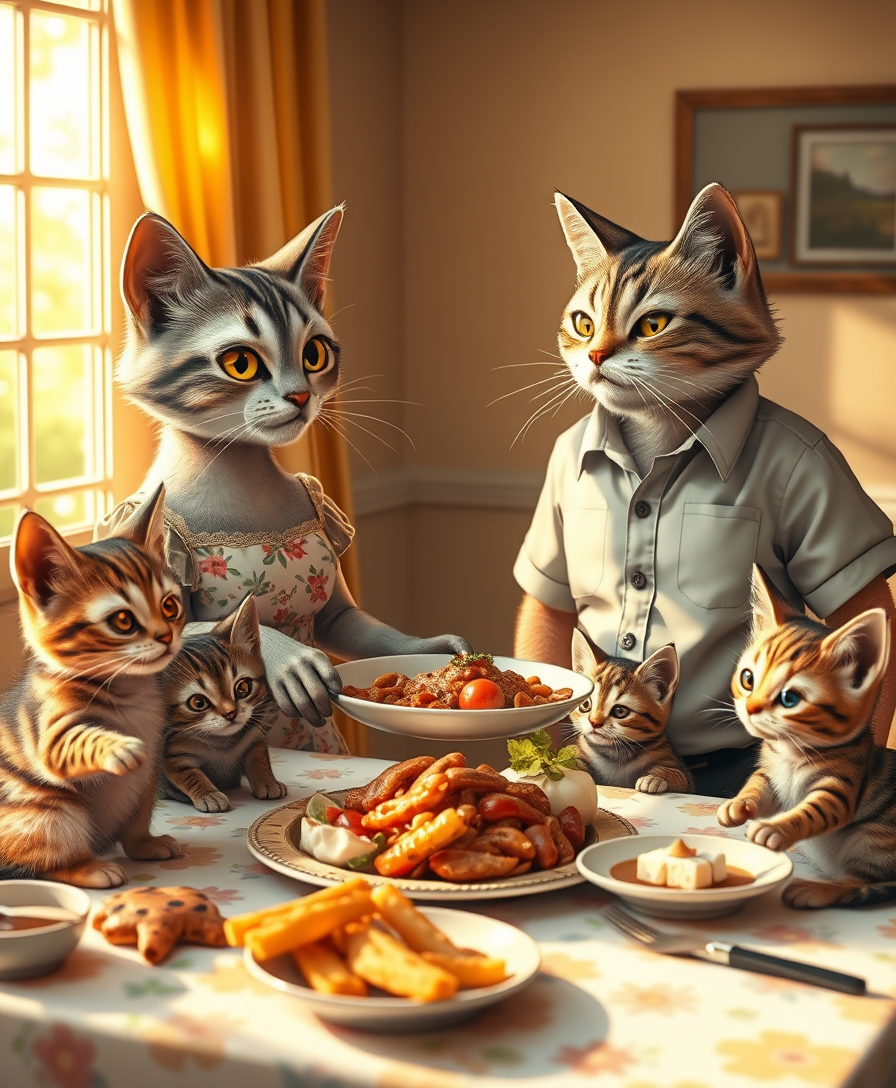 A touching image of a loving anthropomorphic feline family gathered around a beautifully laid table. The mother cat, dressed in a charming floral print dress, exudes pride as she serves a mouth-watering dish. The father cat, dressed in a shirt and shorts, smiles tenderly, not taking his eyes off his three adorable kittens. Each kitten is dressed in cute homemade clothes that reflect his personality. The warm and welcoming atmosphere is complemented by golden sunlight pouring through the windows, creating a cozy glow reflecting the love and happiness that this friendly family shares.