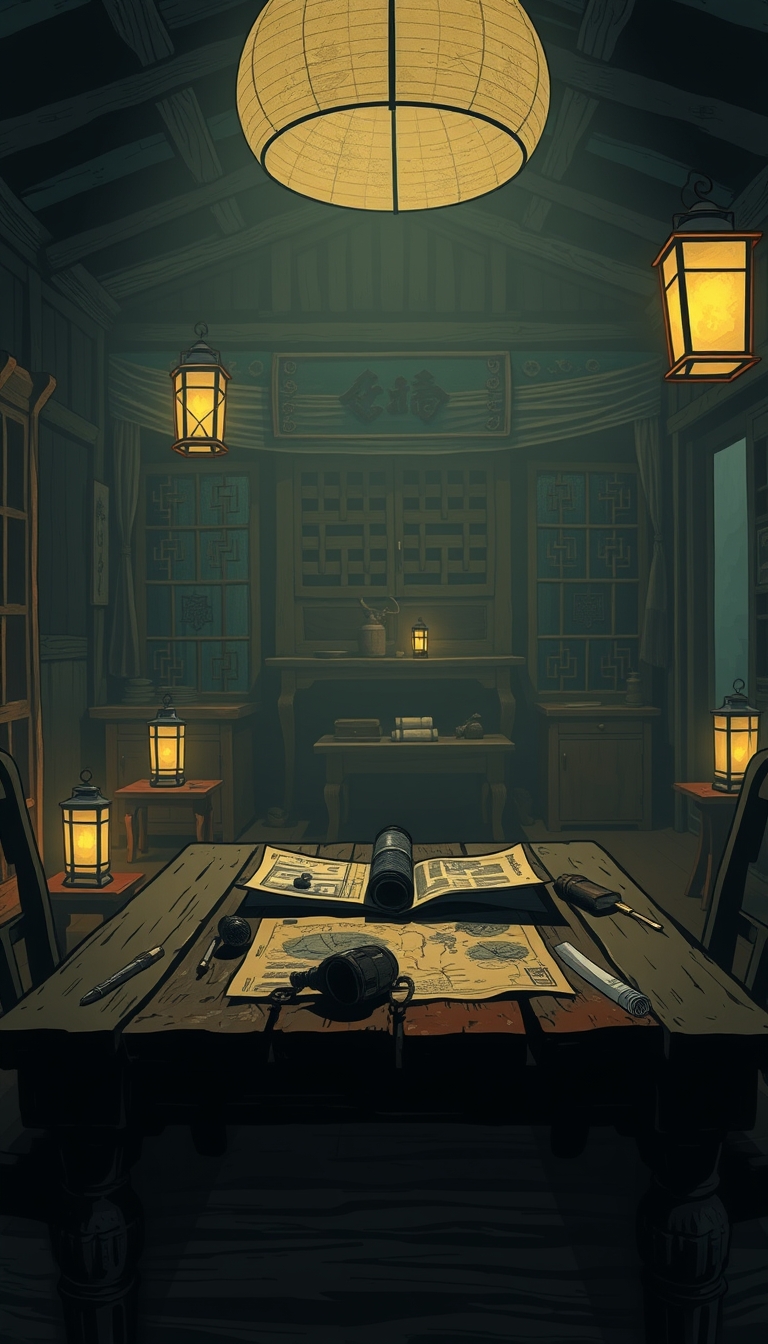 An adventurous night scene in a Chinese rural setting. The background features a dimly lit room in an ancient farmhouse with rustic furniture and old lanterns casting faint glows. A mysterious map and ancient artifacts are scattered on a wooden table, adding to the exploration theme. The front view highlights the eerie, subdued lighting that creates a sense of suspense and curiosity. The scene is depicted in 8K resolution with a flat comic sketch style, graphic novel aesthetic, 2D effects, and drab painting style, emphasizing the exploration and adventure elements. 8K resolution, flat comic sketch style, graphic novel style, 2D effects, flat colors, drab painting style.