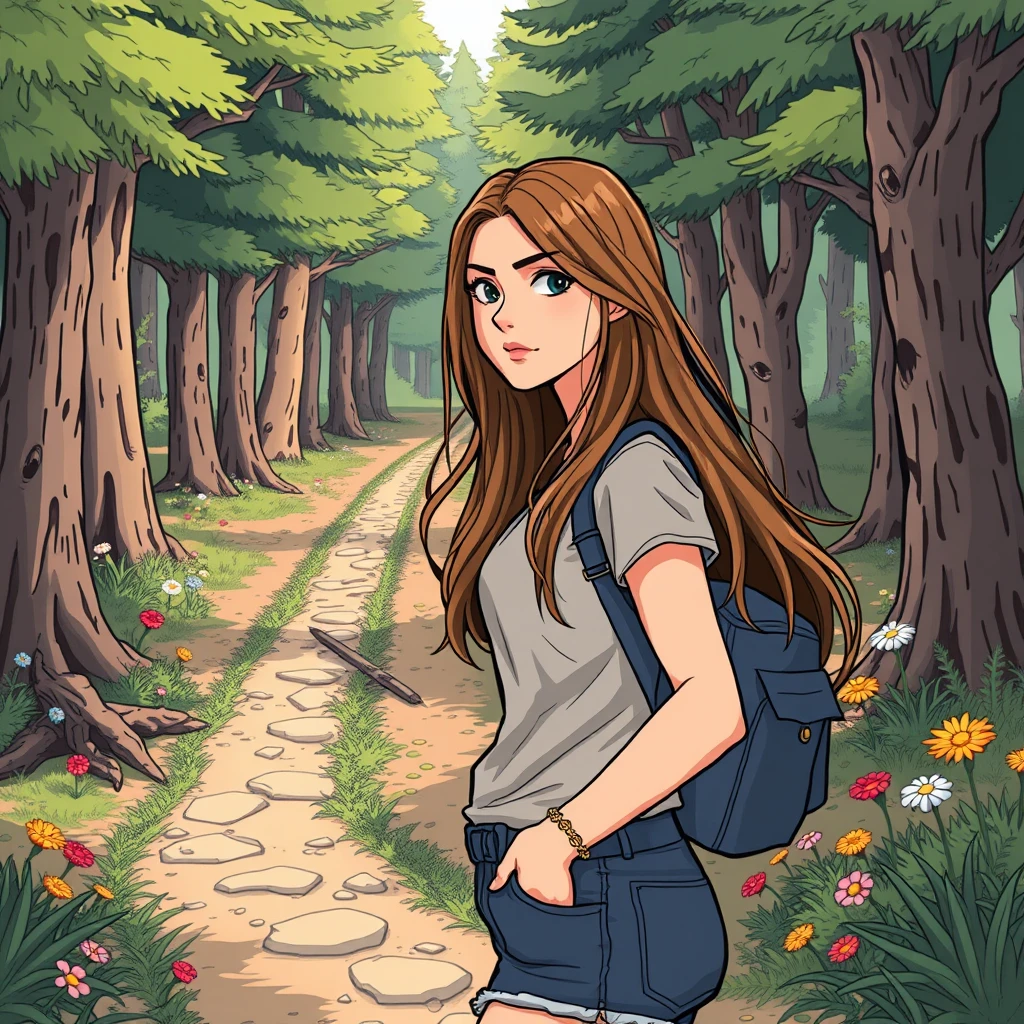 A woman in her 20s, with long hair, wearing a casual outfit, has a determined expression as she chooses a path at a crossroads in a forest adorned with trees and flowers, in an illustration style.