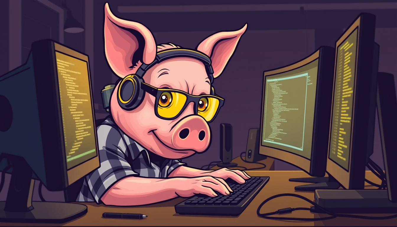 A tech-savvy pig coder, wearing yellow-tinted glasses and sleek noise-cancelling headphones, hunches over a cutting-edge multi-monitor setup. The anthropomorphic pig exudes focus, typing furiously while dressed in a plaid t-shirt. - Image