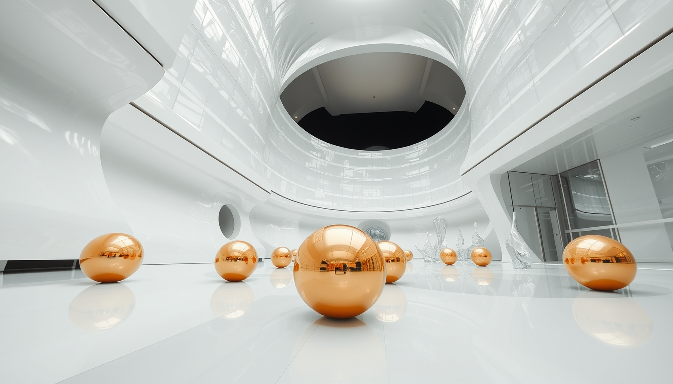 An eye-level, wide-angle shot of a futuristic and abstract architectural square that features horizontally and vertically curved structures covered in white metallic reflective material. There are a few spherical gold objects with reflective, metallic surfaces that resemble large, smooth capsules. These objects are positioned on a sleek, ultra-white shiny floor that reflects their surfaces. There are also many transparent glass sculptures. The focus is the sleek horizontally and vertically curved architecture covered in white metallic reflective material. The mood is serene and cool, bursting with futuristic creativity. - Image