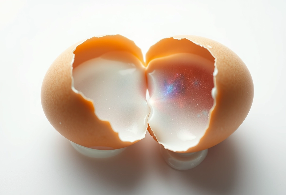 A close-up shot of a broken egg split in two on an endless pure white surface, egg whites flowing from between the two halves of the shell onto the surface, with the egg whites filled with galaxies and stars.