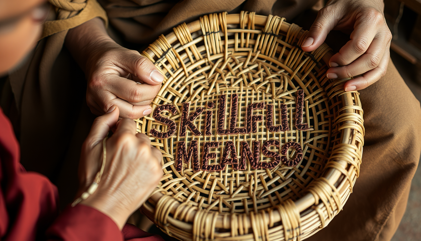 An old monk's hands weaving a bamboo basket. As he works, the basket's pattern forms the words "Skillful Means" in intricate designs.