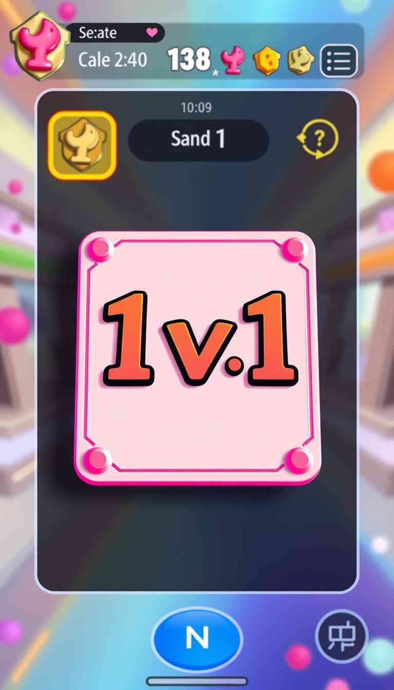 a card in pink and white color, 1v1 text on it, vibrant colors, bubbly style, game menu screen - Image