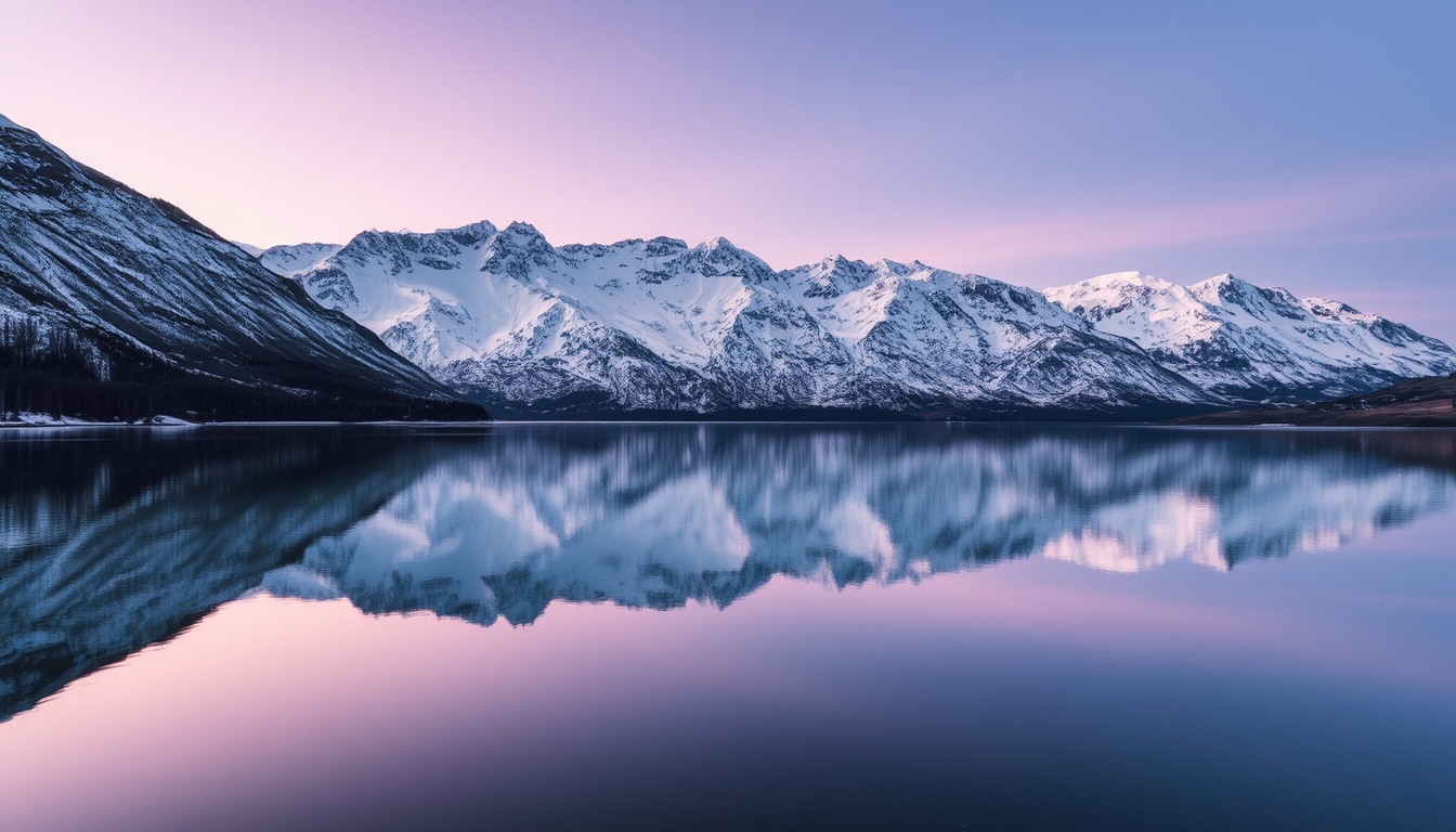 A glassy lake reflecting a snow-capped mountain range at dawn.