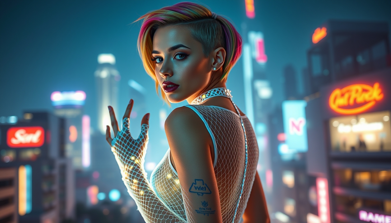 Stunning 25-year-old woman, model bombshell, beautiful, sensual, young-looking, luxurious elegant hot multi-colored short side-shaved hair, tight revealing iridescent white SFW see-through metallic fishnet leotard, glowing iridescent fishnet gloves and fishnet choker, neon, futuristic, posing on a futuristic city, arching back, summer, "sinozick style," "g4n1m3."