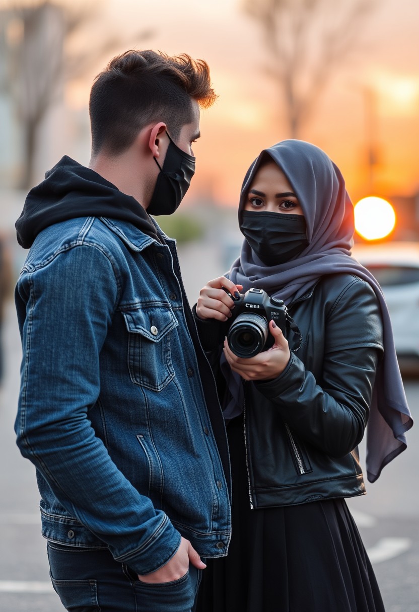 Jamie Dornan's head and body shot, handsome, black face mask, jeans jacket, jeans, dating, love couple, with the biggest grey hijab Muslim girl, black face mask, beautiful eyes, black leather jacket, biggest skirt, taking a picture, DSLR Canon camera, sunset, hyper-realistic, street photography. - Image