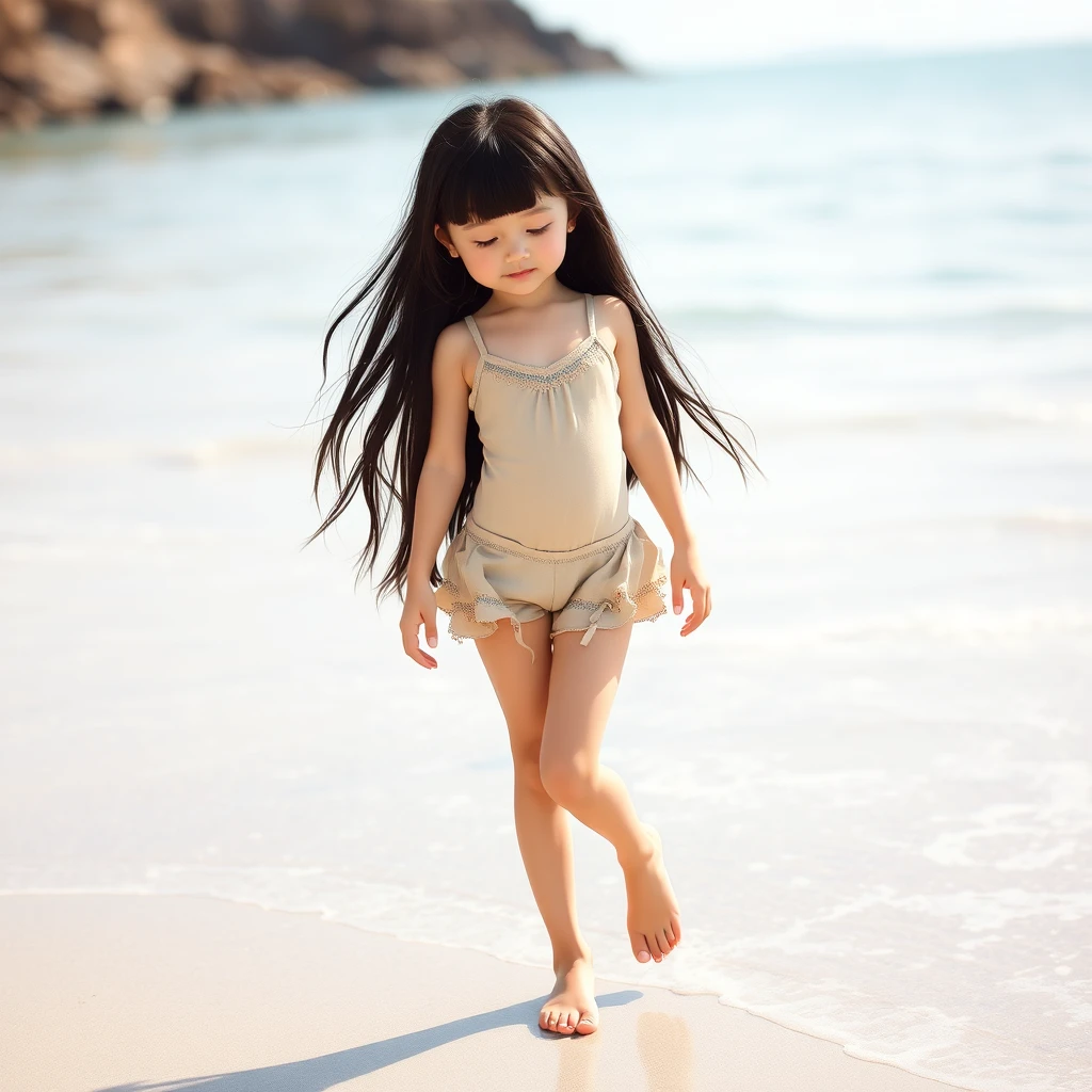 beautiful girl, black hair, nifty, fair skin, slim legs, barefoot, seaside, summer - Image