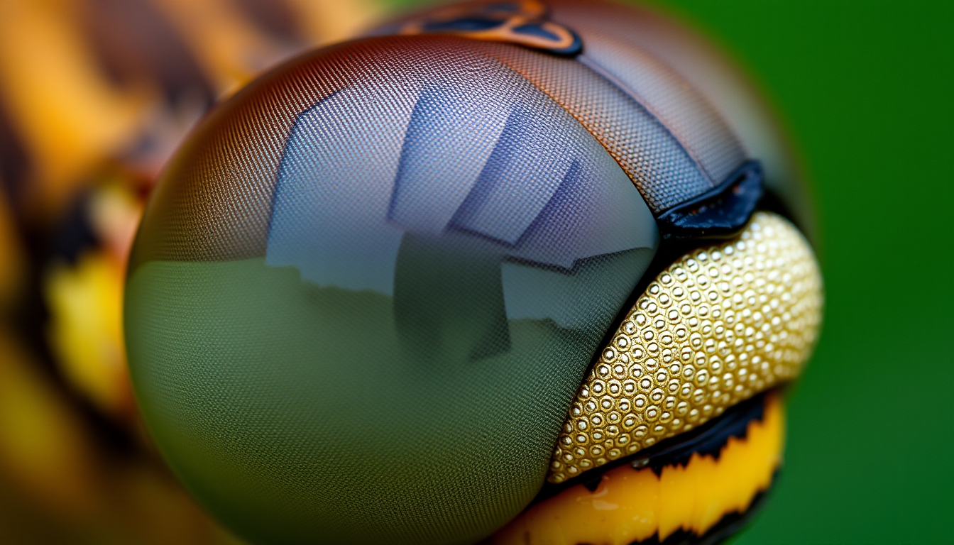 Ultra-detailed macro image of a dragonfly's compound eye, hundreds of perfectly aligned ommatidia visible, reflections of surrounding environment in each facet, shot on professional DSLR camera. - Image