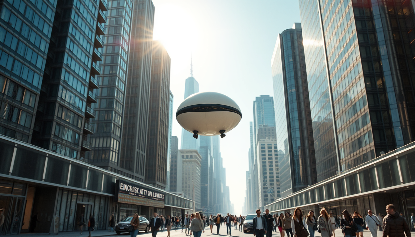 Create a stunning high-resolution image of a futuristic city. The skyline should be covered with towering skyscrapers. Include a light-colored elliptical balloon-type robot hurtling through the air, with tiny black balancers on either side of the balloon; no ropes should appear. The streets should be bustling with people dressed in fashion-forward fashions. Highlight the small balloon-type robot, performing its rounds in the sky, and the beautiful sunlight reflecting on the glass surfaces of the buildings, creating an atmosphere of excitement and innovation. Very clear and realistic details, complementary colors, optimal quality.