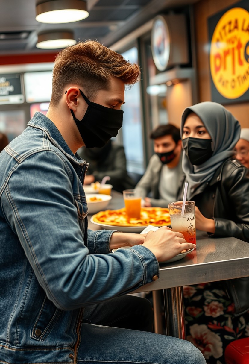 Jamie Dornan's head and body shot, handsome, young, black face mask, blue jeans jacket, jeans, dating a Muslim girl in a grey hijab with beautiful eyes, black face mask, black leather jacket, and the biggest floral skirt, at a hot pizza fast food restaurant, with a plate of cheese pizza slices, a plate of Korean fried chicken and fries, and a glass of soft drink, eating with three other random smiling friends in the background, photorealistic, hyper-realistic, street photography. - Image