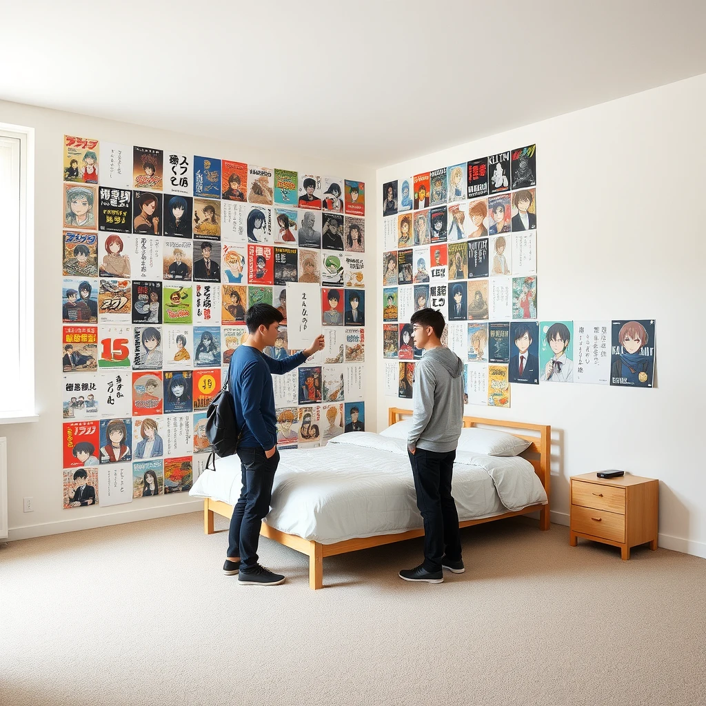 In a very large room, there is a big bed, and one wall of the room is covered with many posters of Japanese manga, while the other walls are bare. Two male students are chatting in the room. - Image