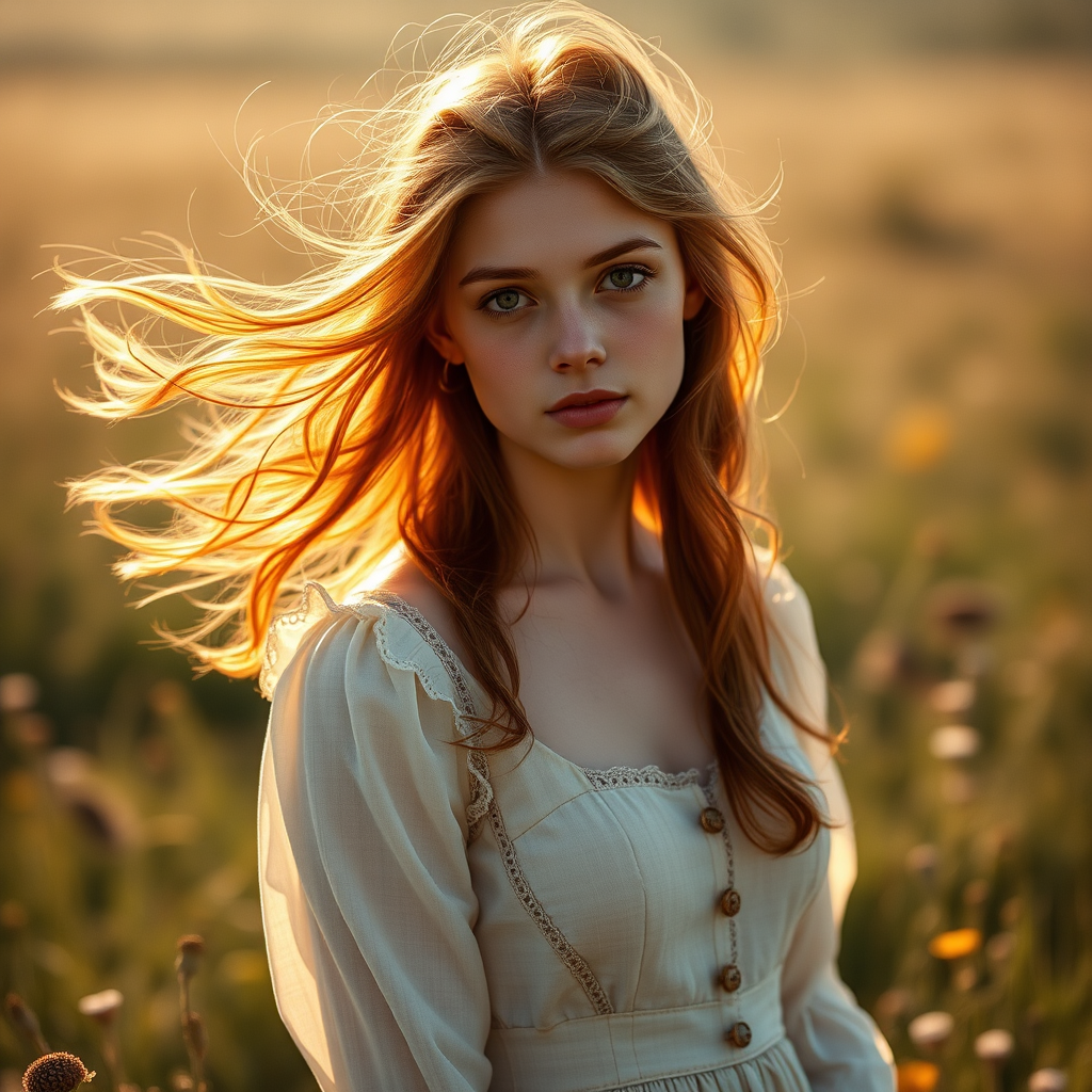 Realistic photography of a young woman with flowing auburn hair, wearing a vintage dress, standing in a sunlit meadow with wildflowers, her face serene but eyes filled with nostalgia, soft natural light, 4K ultra-high definition, warm and golden tones, shot in late afternoon with a slight lens flare, dynamic composition with the wind gently moving her hair, Canon EOS R5, 85mm, f1.4, shallow depth of field, bokeh background.