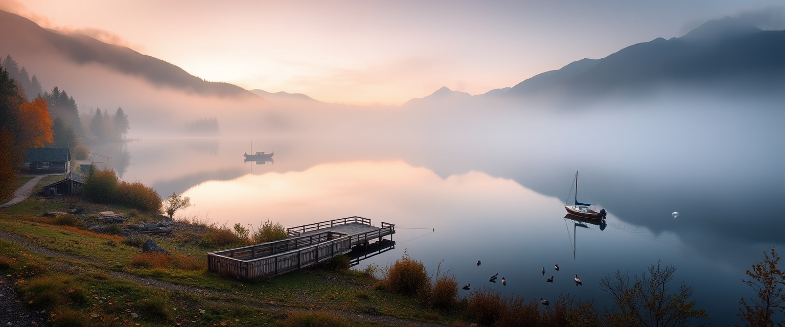 Tranquil, misty lake, surrounded by mountains, serene, high quality, photorealistic, reflection, peaceful, morning fog, autumn colors, breathtaking, idyllic::0.8 wooden pier, fishing boats, ducks, lakeside cabins, hiking trails, sunrise, sunset, misty mountains