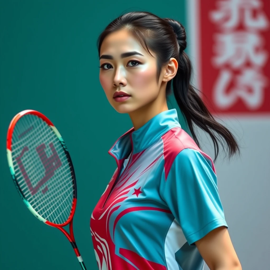 Craft an image of a stunning Chinese female badminton athlete, exuding grace and strength. Her features are striking, with sharp facial contours and captivating eyes. Dressed in her national team's vibrant colors, she stands tall on the court, racket in hand, ready to dominate with both her skills and her beauty. - Image