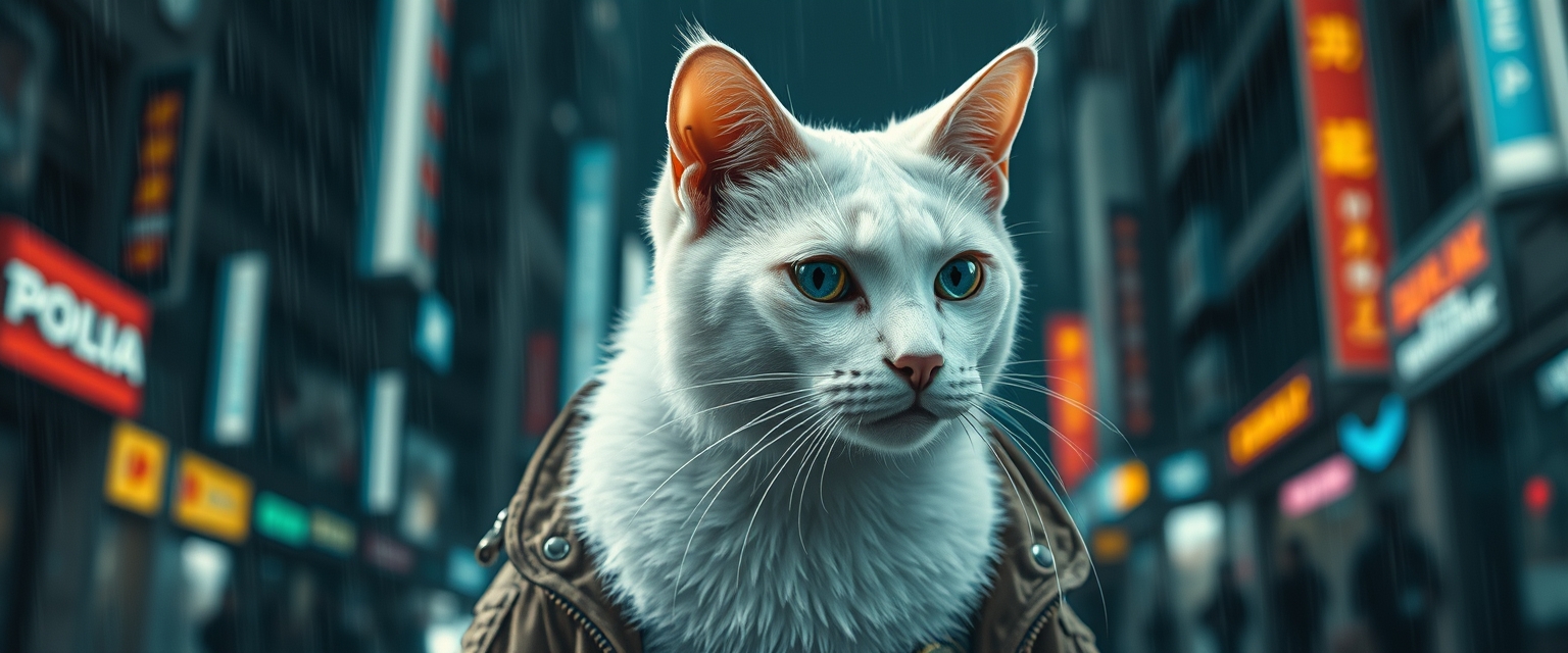 An adult white cat stands in a cyberpunk city, in the rain. He's wearing a cyberpunk style jacket. The cat has an augmentation on his right eye and a lot of scars. Cyberpunk implants are visible on the cat. A masterpiece, maximum detail, cinematography.