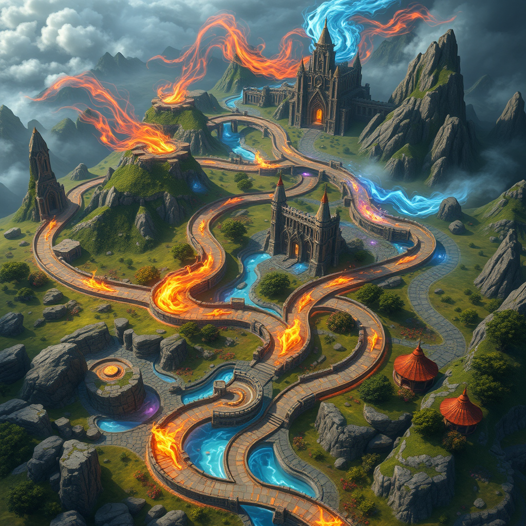 A large, magical fantasy map with prominent, winding roads leading to distant kingdoms. The roads are filled with swirling magical winds carrying the essence of fire, frost, and storms, with flickering flames and icy patches along the paths. The landscape surrounding the roads includes rocky terrains, lush trees, vibrant flowers, and green grasslands, with no buildings or mountains. The style is mystical and vibrant, with rich colors and intricate details, focusing on the enchanted roads and their natural surroundings. The map has an otherworldly atmosphere, filled with magical energy and dynamic weather effects.