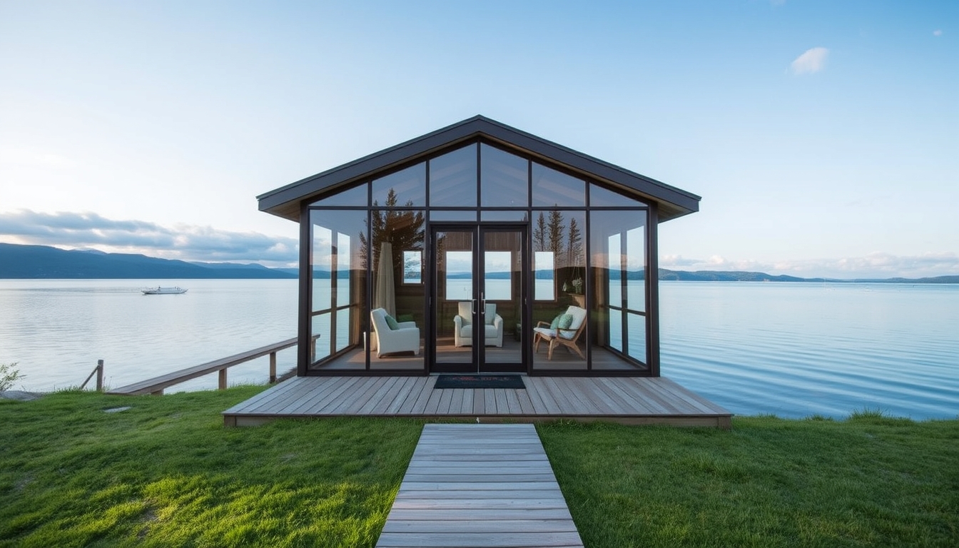 A serene lakeside cabin with a glass front, offering an unobstructed view of the water. - Image